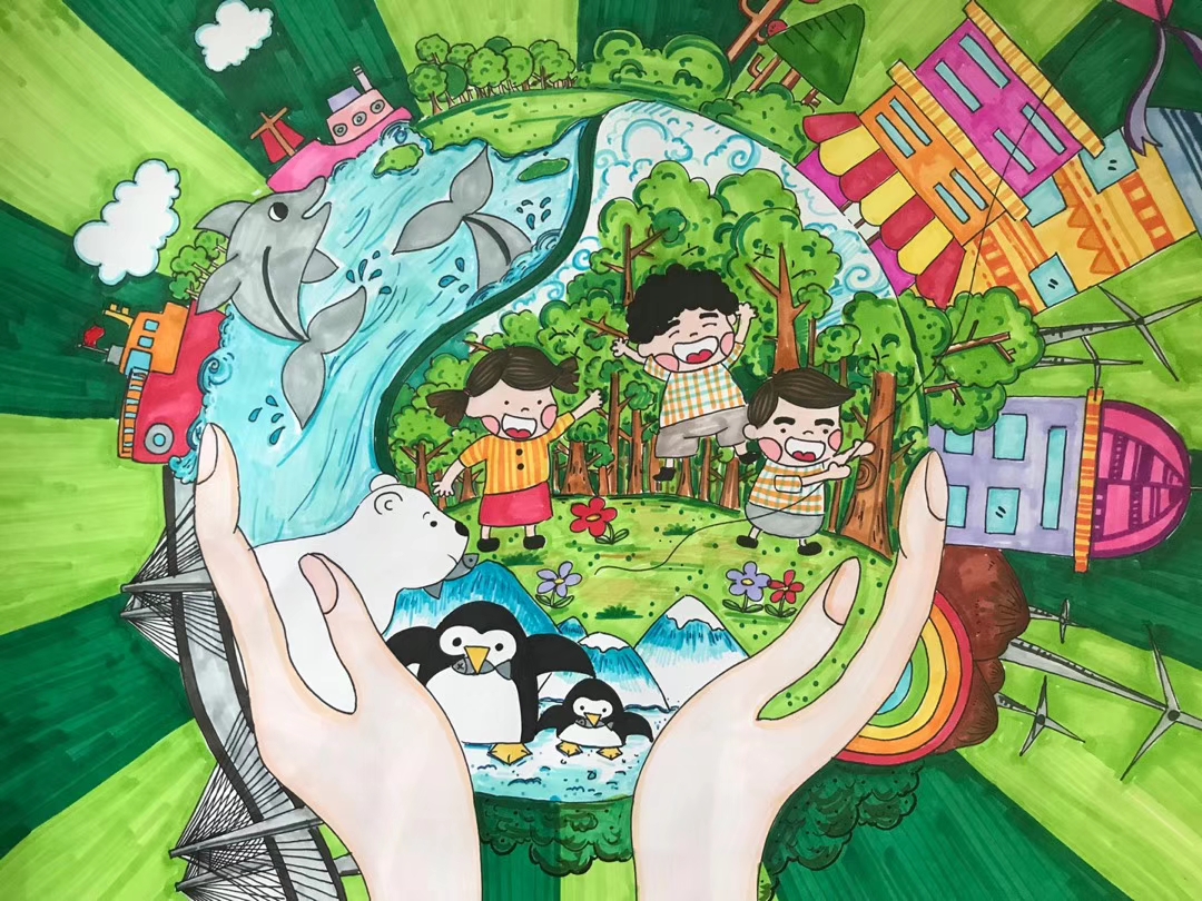《绿色家园》
选送机构：绘时光 
作品介绍：保护环境是我们每个人的责任！不丢垃圾，不伤害杀害小动物！让我们这个绿色家园充满生机！（作者: 陈文苒）