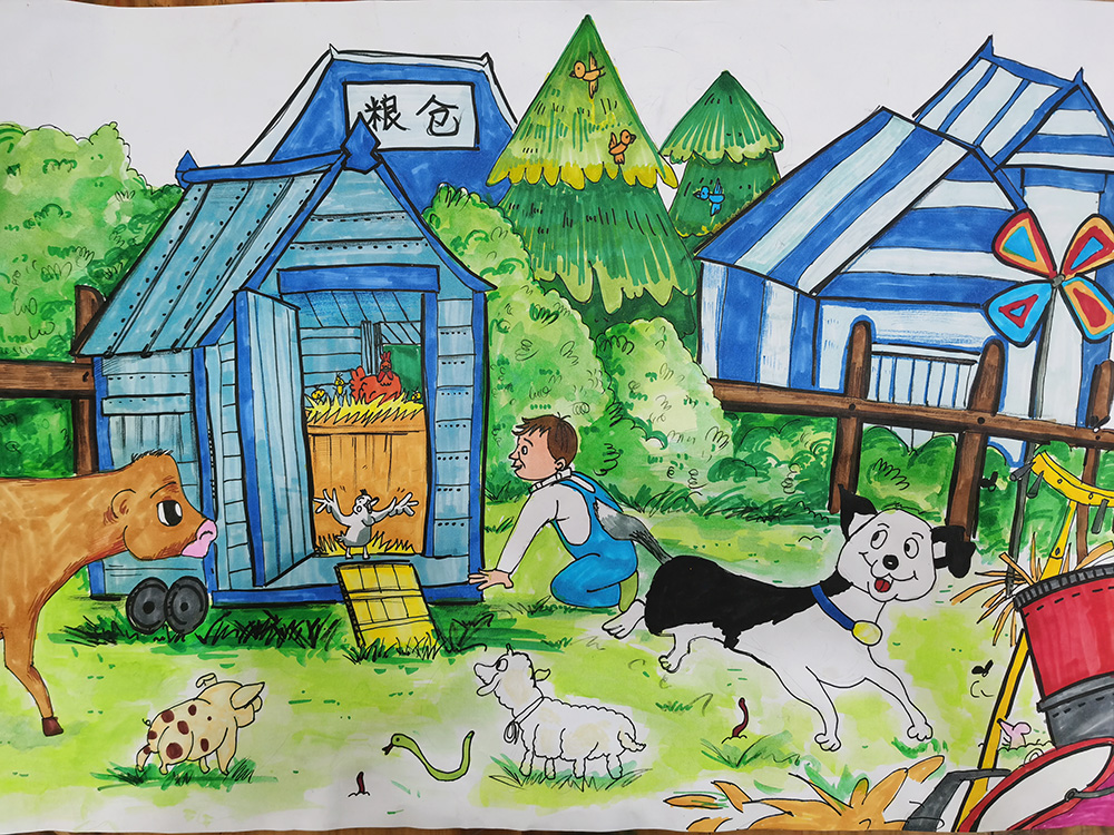 《美好生活》
选送机构：绘时光 
作品介绍：这是我向往的农场田园生活，到处是生命的绿色。我们和小动物们都是好朋友，每天开开心心生活！希望大家保护好环境和动物，才能使我们的祖国到处生机勃勃！（作者: 刘思圻）