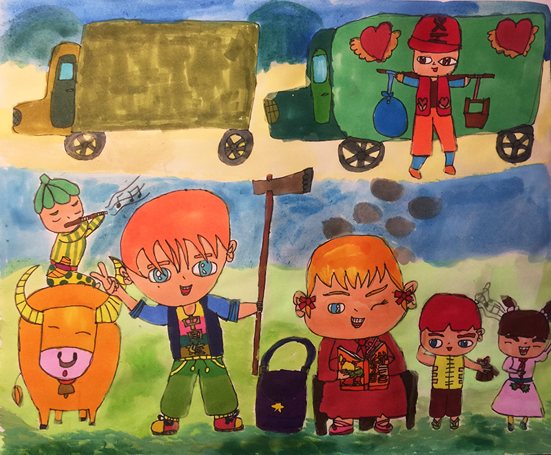 《美好生活》
泉州市实验小学 王煜昕
傍晚时分，孩子们忙完农活，与伙伴们聚集在河边欢快嬉戏！（作者: 王煜昕）