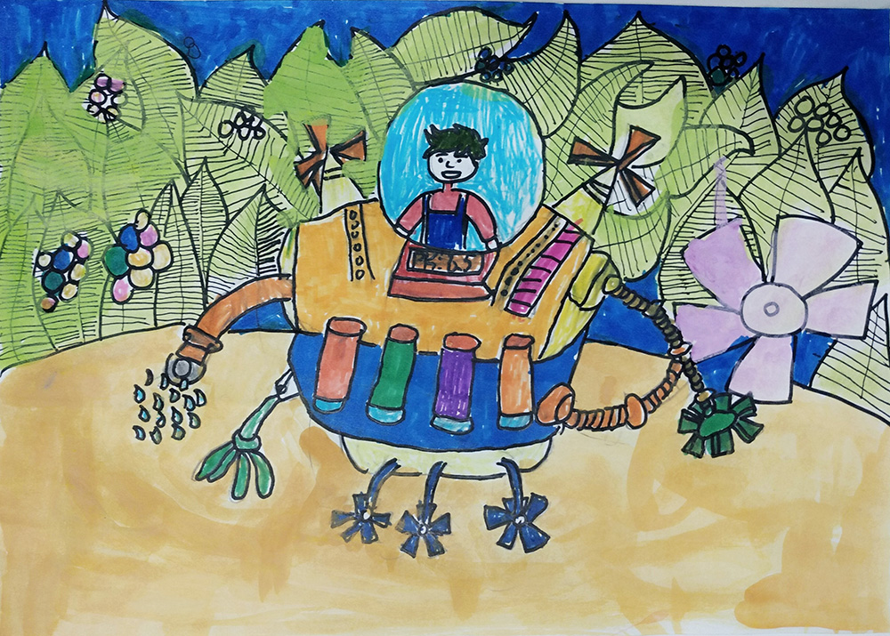 《环境与土地》
推荐机构:半里·艺术（作者:郑清凯）
作品介绍:因为环境污染的原因，土地不能用了，河流也变脏了，如果我发明了土地修复机，这样再也不用怕土地不能耕种了（作者: 郑清凯）